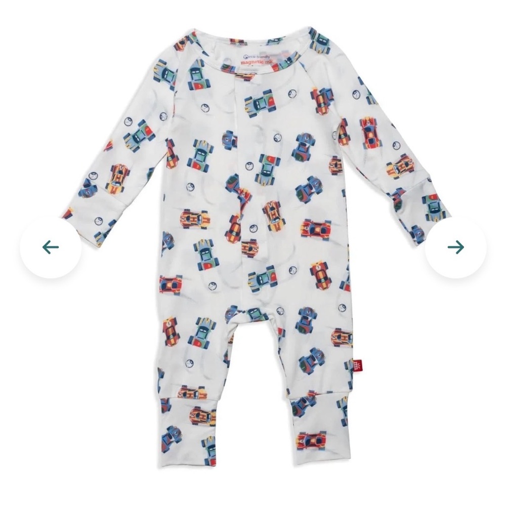 Magnetic Me White One-Piece with Multicolor Race Car Print